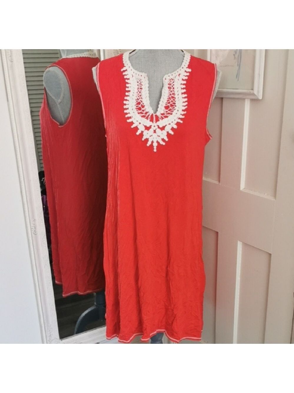 Max Studio Crochet Beachy Boho Summergirl ❤️ Red Midi  Shift Dress. Size L